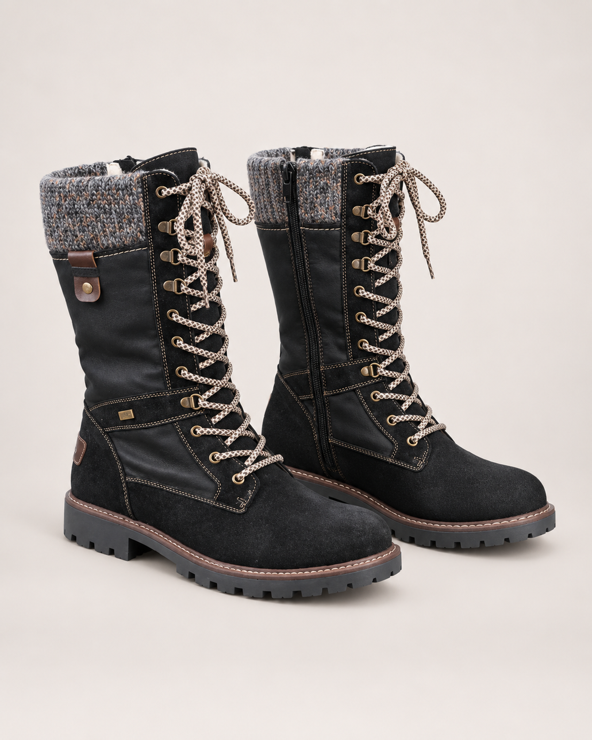 Women’s Lace Up Boots with Knitted Cuff in Black, product only pair side decision view