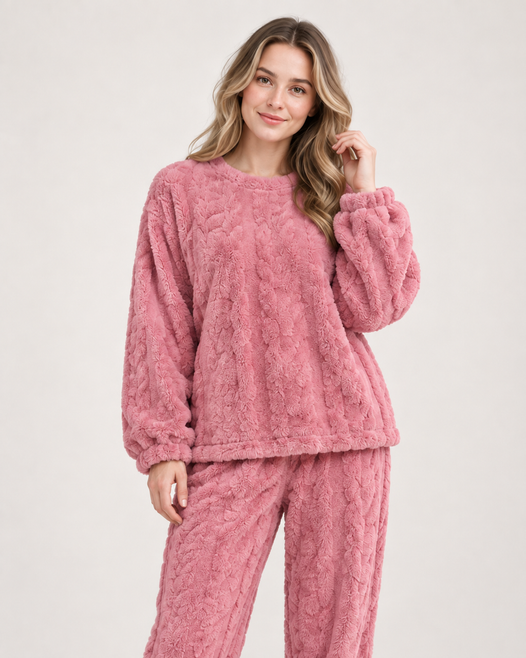 Women’s Pyjamas with Flannel Cable Pattern in Pink, full body view