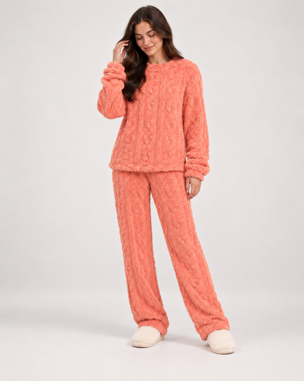 Women’s Fleece Pyjamas with Cable Pattern in Pink, full body view