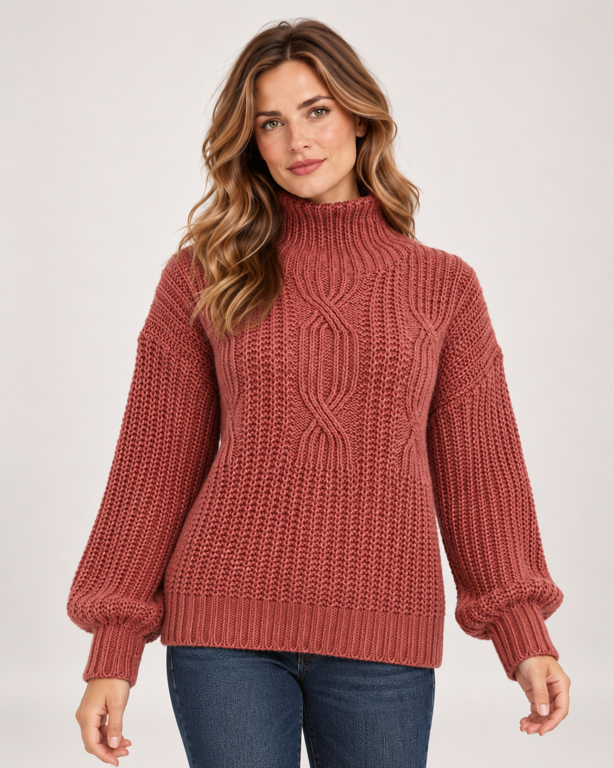 Women's Cable Knit Jumper with Roll Neck and Balloon Sleeves product detail view
