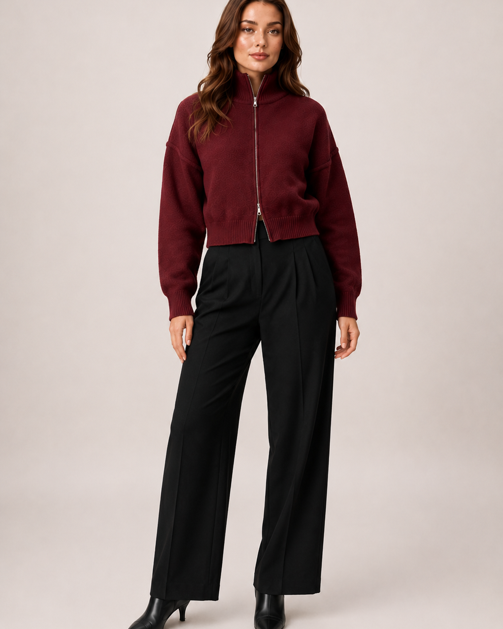 Women’s Zip Up Cardigan with Funnel Neck in Red, full body view