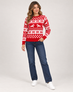 Women’s Christmas Jumper with Reindeer and Heart Pattern in Red, full body view