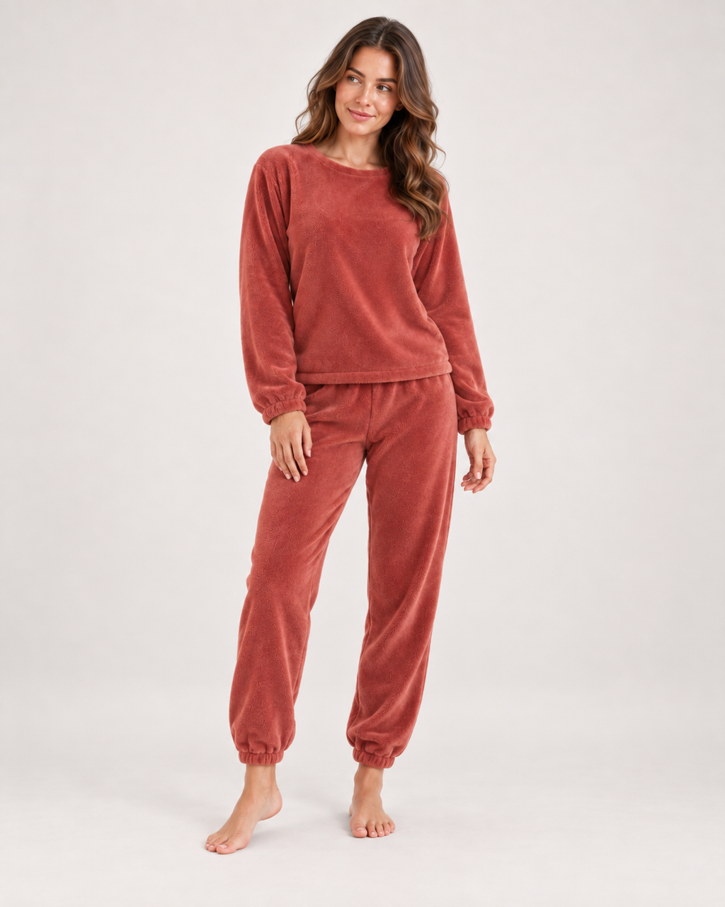 Women’s Fleece Loungewear Set with Crew Neck and Joggers in Red, full body view