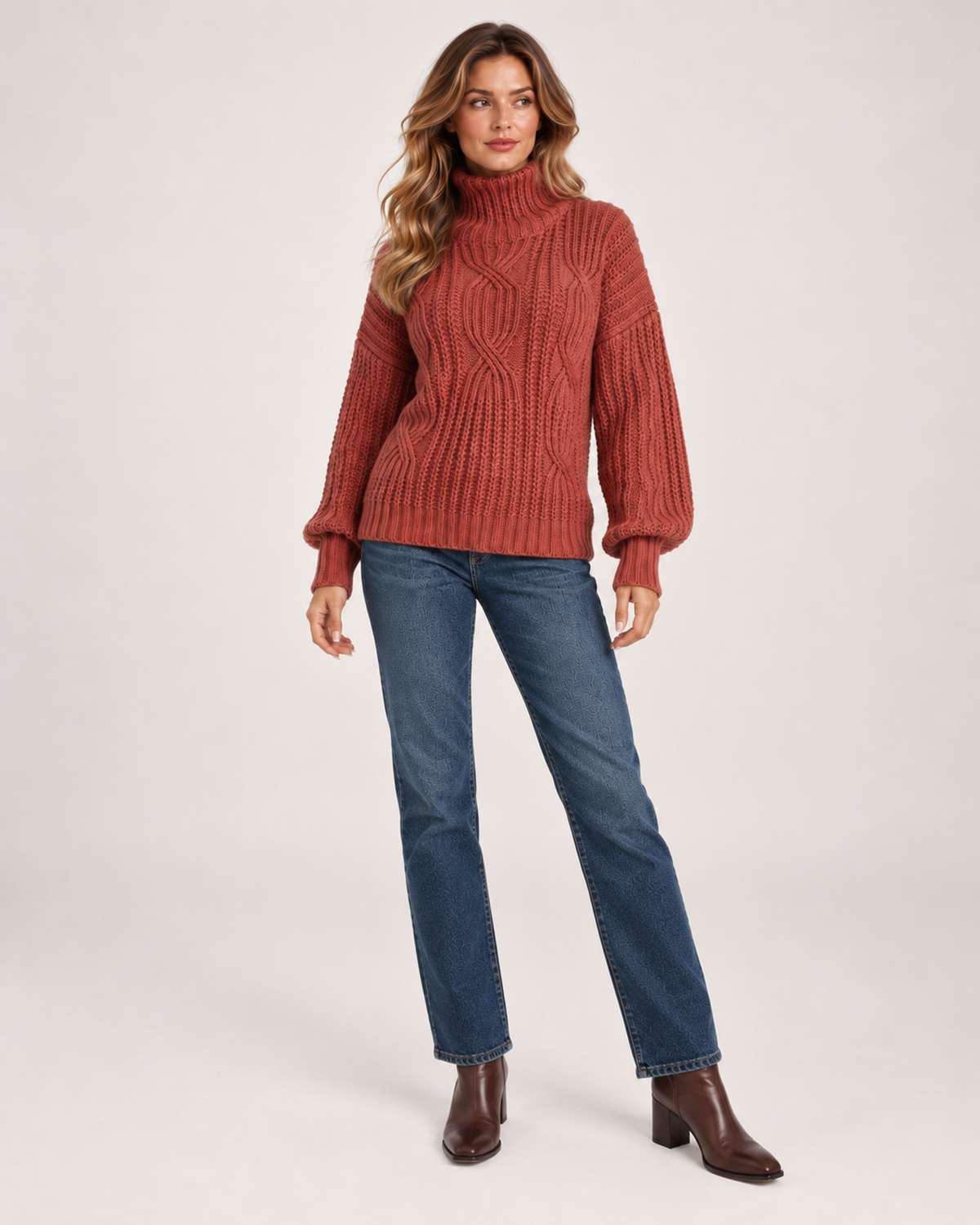 Women’s Cable Knit Jumper with Roll Neck and Balloon Sleeves in Red, full body view