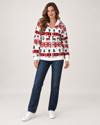 Women’s Christmas Cardigan with Hood and Zip Front in White, full body view