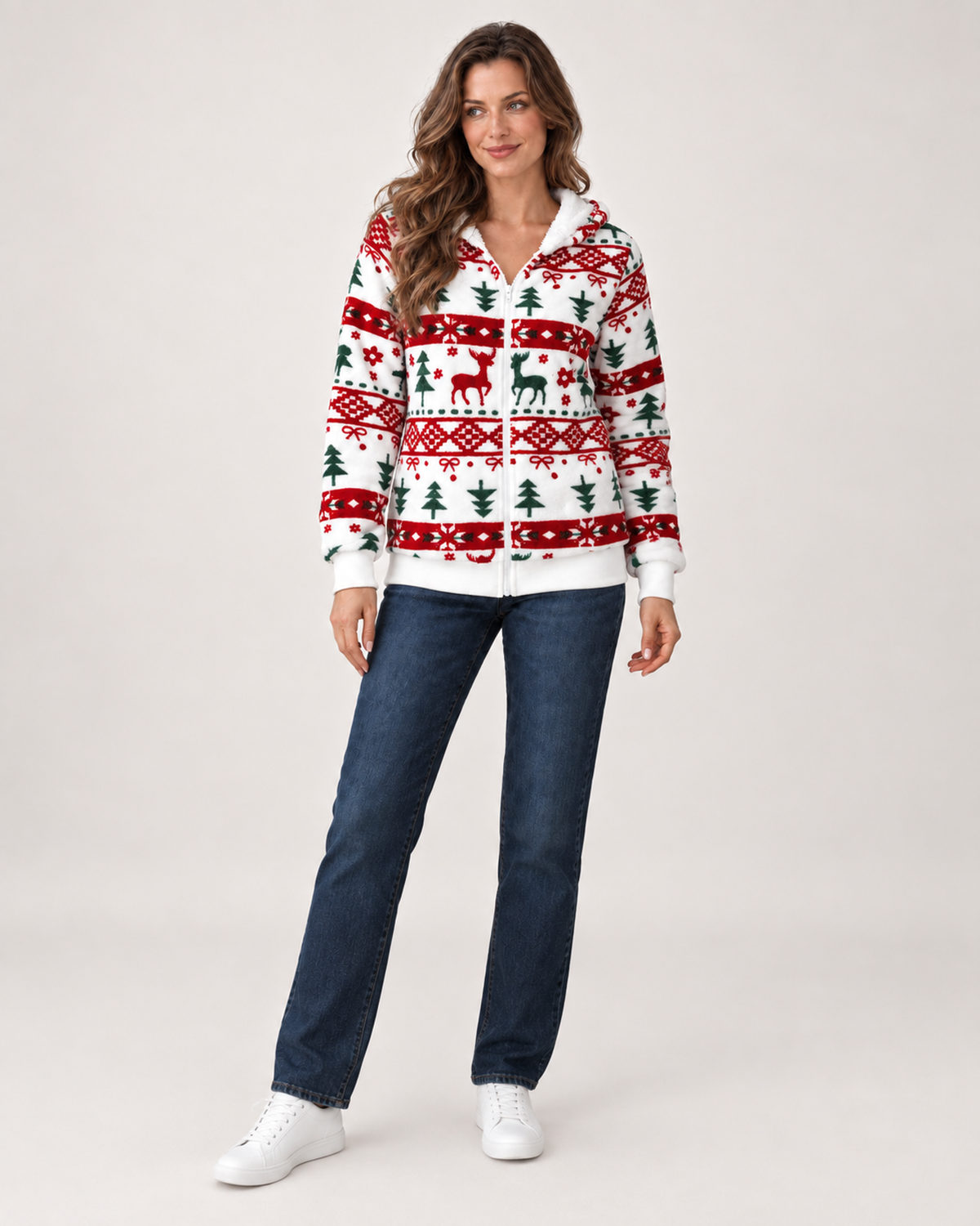 Women’s Christmas Cardigan with Hood and Zip Front in White, full body view