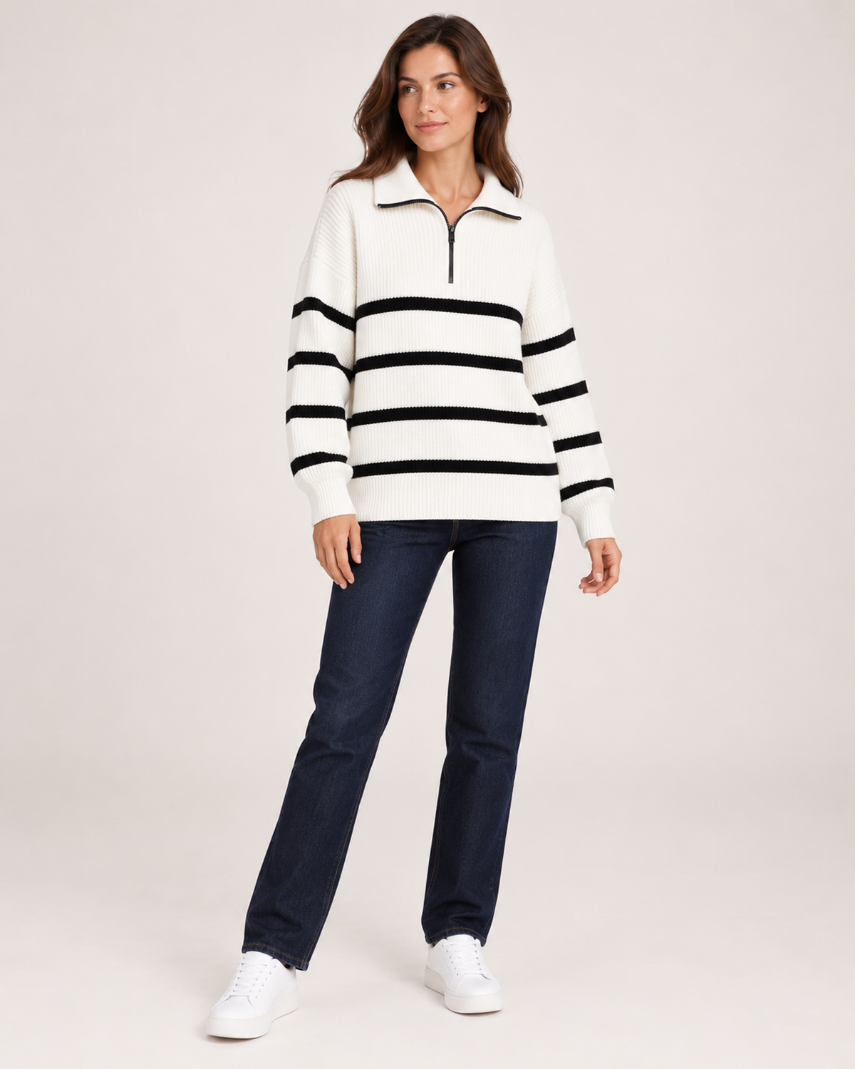 Women’s Striped Jumper with Half Zip Collar in White, full body view