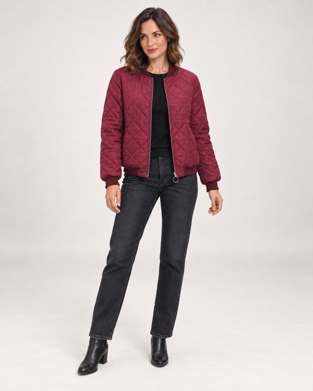 Women’s Quilted Jacket with Stand Collar in Wine Red, full body view