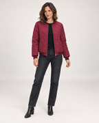 Women’s Quilted Jacket with Stand Collar in Wine Red, full body view