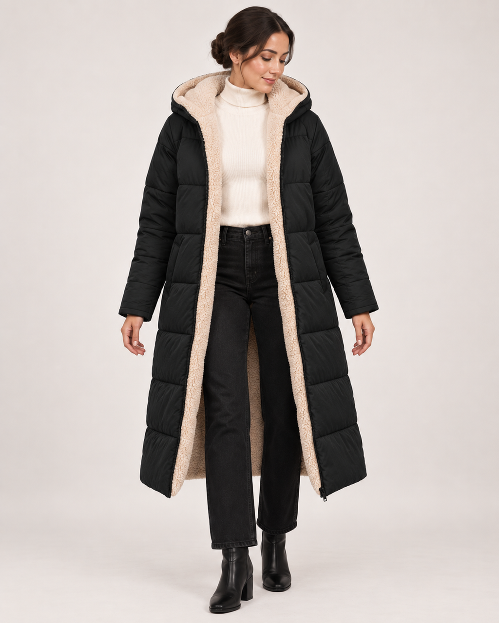 Women’s black long puffer coat open lining and pocket detail view
