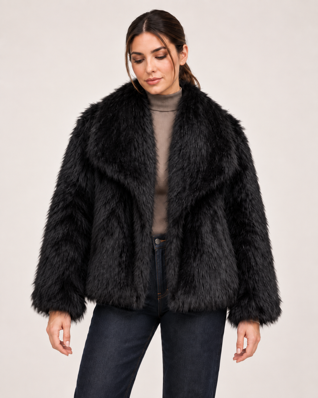 Women’s black faux fur jacket close product view