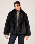 Women’s black faux fur jacket close product view