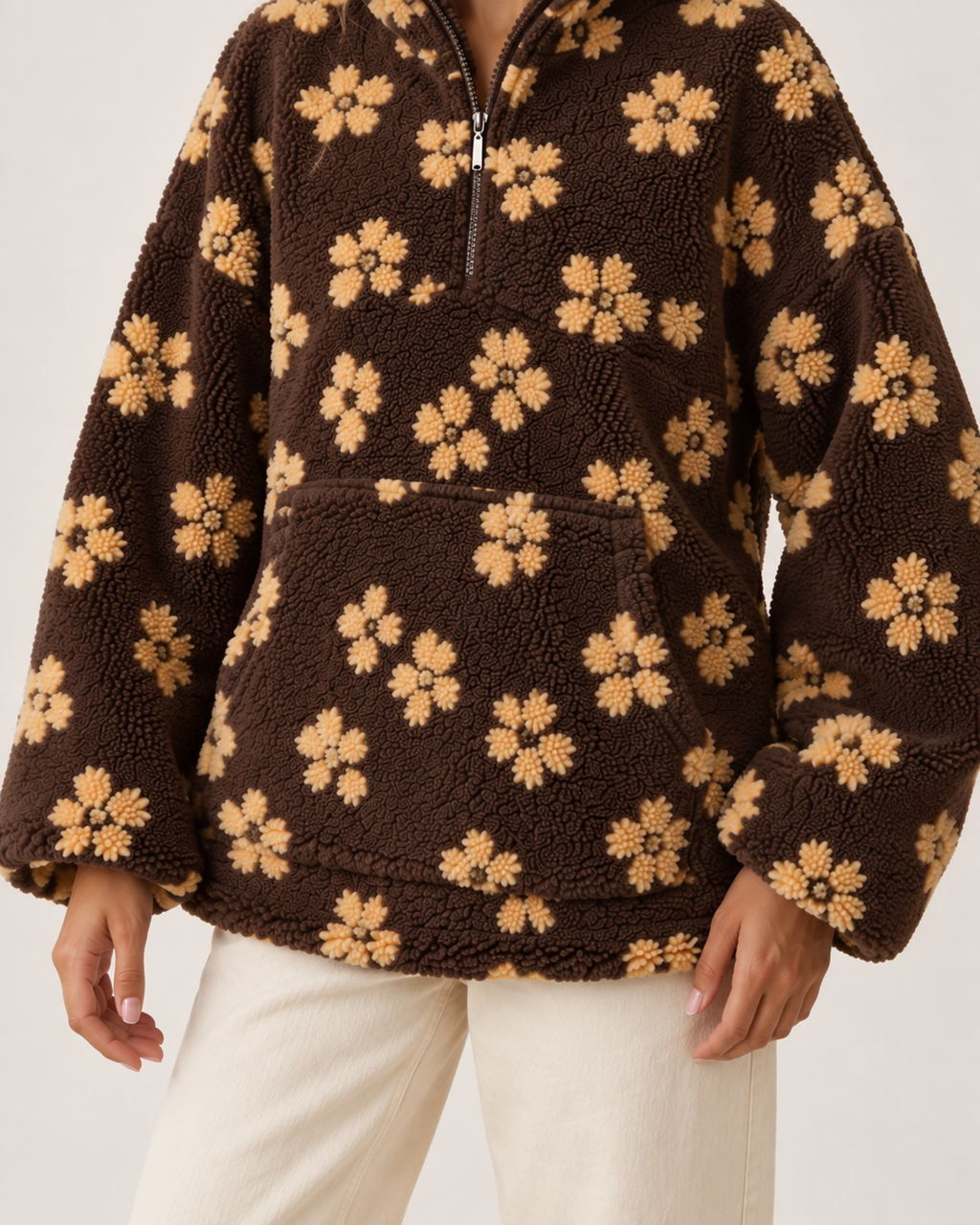 Women’s borg jacket with floral pattern and half zip close product detail