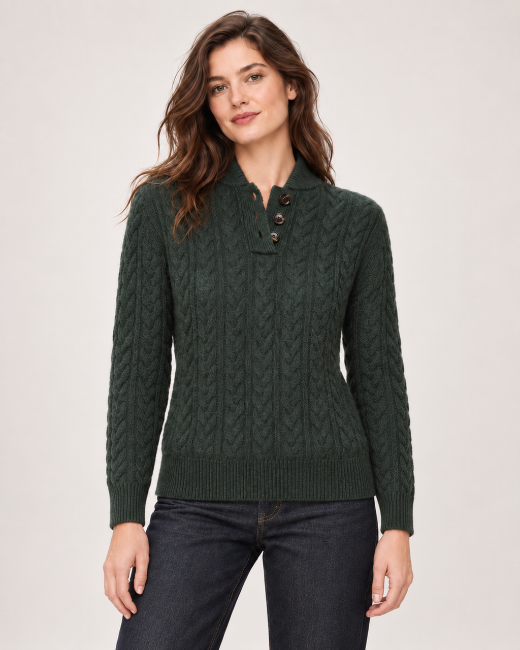 Women’s green cable knit jumper button neck detail view