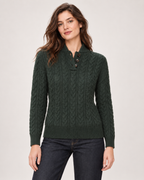 Women’s green cable knit jumper button neck detail view