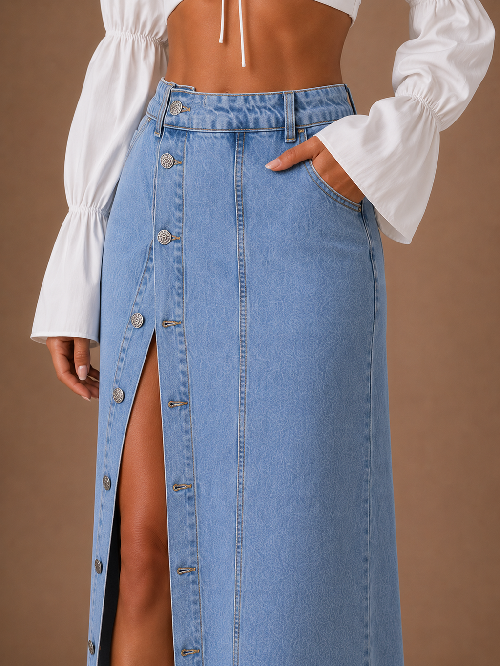 Women's High Waist Button Front Denim Midi Skirt