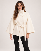 Women’s Cape Coat with Funnel Neck and Belt in Apricot, lower body product focus view