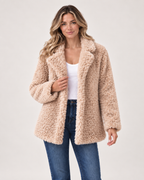 Women’s Teddy Coat with Wide Lapel Collar in Apricot, short outerwear product focus view