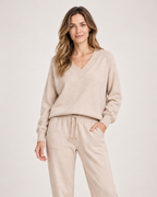 Women’s Loungewear Set with V-Neck Top and Joggers in Apricot, full body view