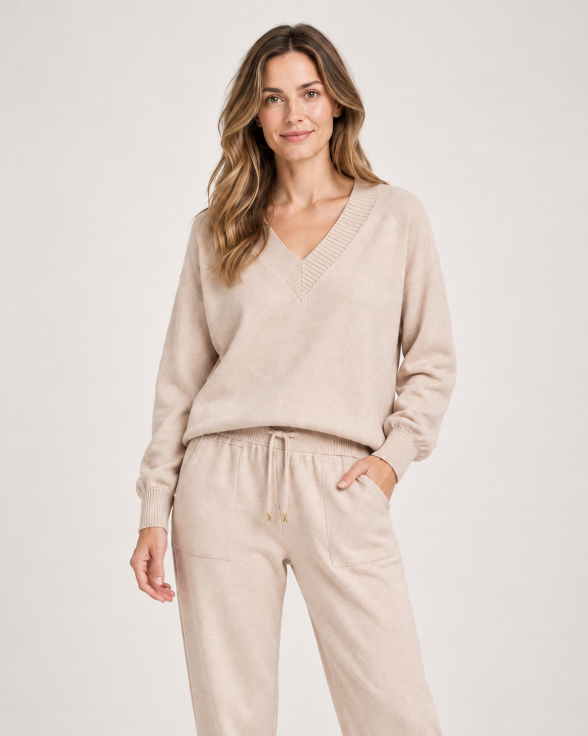 Women’s Loungewear Set with V-Neck Top and Joggers in Apricot, full body view