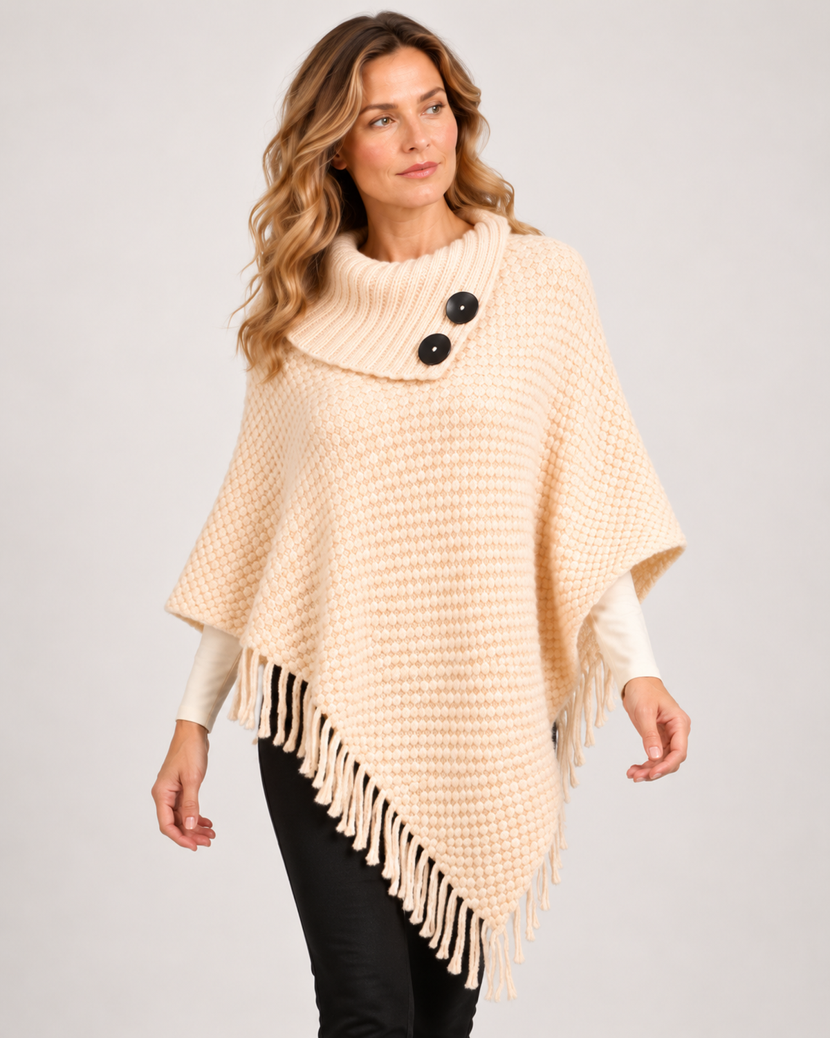 Women’s Poncho with High Neck and Button Detail in Apricot, product led view