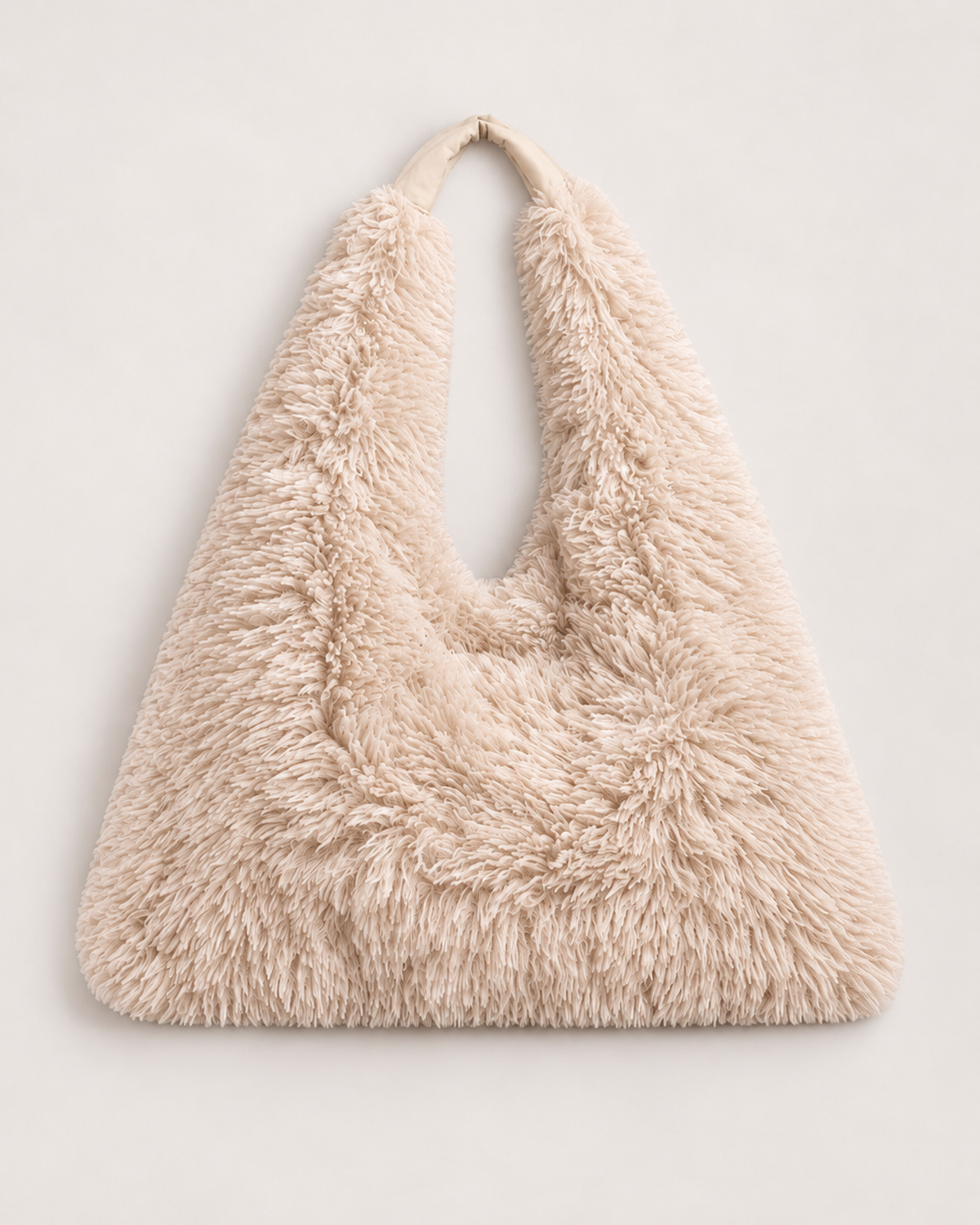 Women’s Fluffy Tote Bag with Wide Shoulder Strap in Beige, product only view