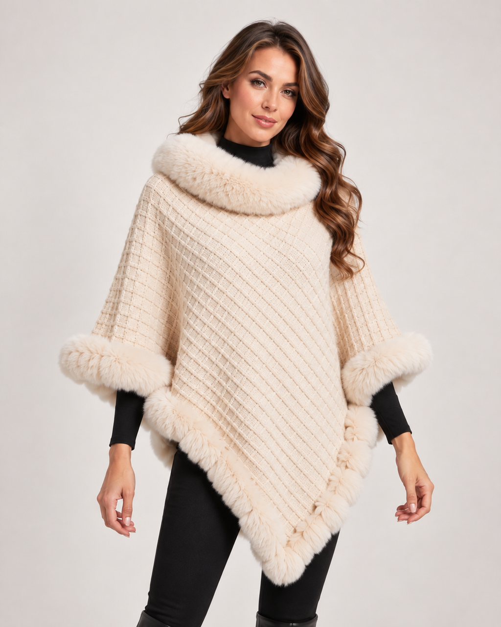 Women’s Cape Coat with Faux Fur Trim in Beige, short outerwear product focus view
