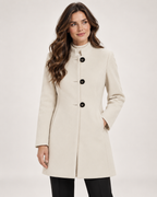 Women’s Mid Length Coat with Collarless Neck in Beige, short outerwear product focus view