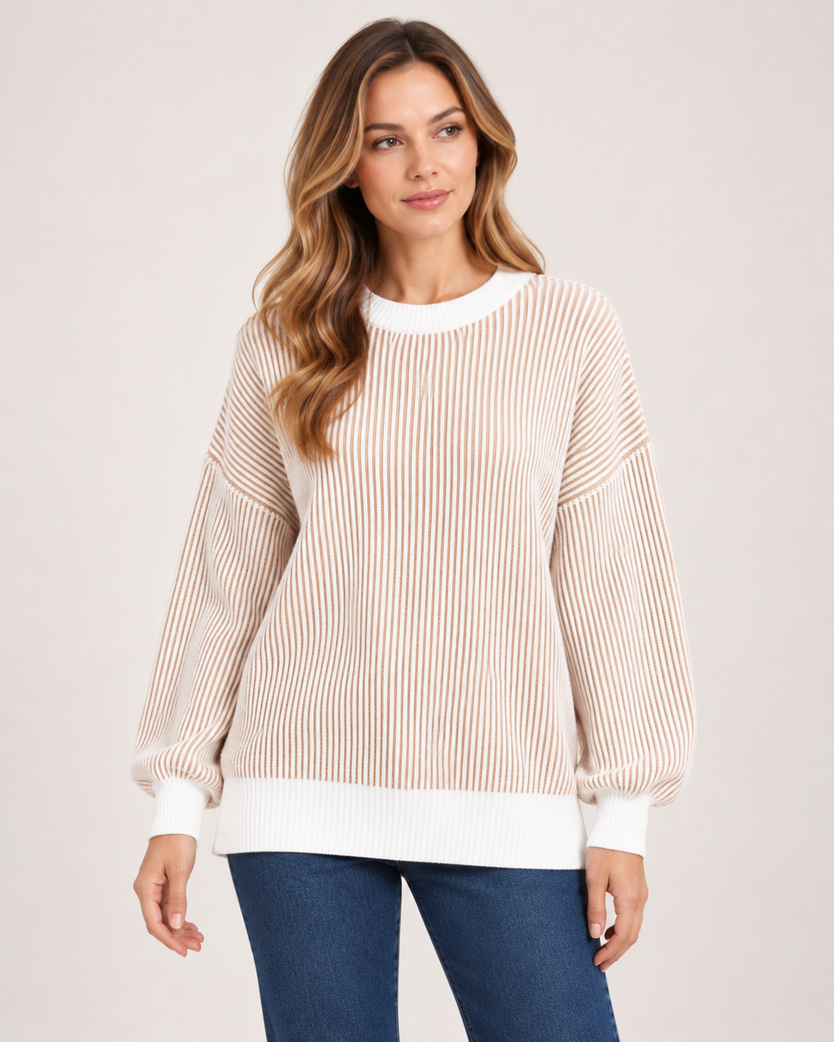 Women’s Striped Jumper with Contrast Trim in Beige, upper body product focus view