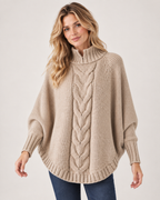 Women’s Cable Knit Jumper with High Neck and Batwing Sleeves in Beige, upper body product focus view
