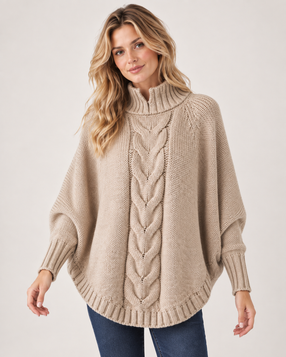 Women’s Cable Knit Jumper with High Neck and Batwing Sleeves in Beige, upper body product focus view