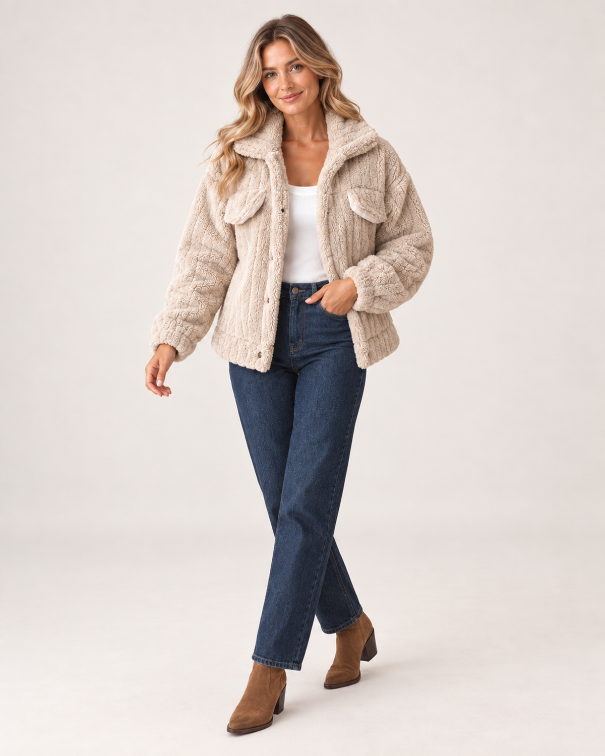 Women’s Borg Jacket with Collar and Chest Pockets in Beige, short outerwear product focus view