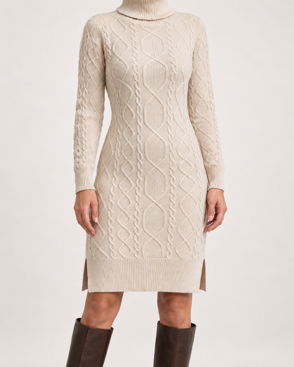 Women’s Jumper Dress with Roll Neck and Side Slits in Beige, lower body product focus view