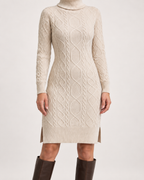 Women’s Jumper Dress with Roll Neck and Side Slits in Beige, lower body product focus view