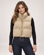 Women’s Puffer Gilet with Cropped Shape and Stand Collar in Beige, short outerwear product focus view