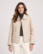 Women’s Short Jacket with Button Front and Patch Pockets in Beige, lower body product focus view