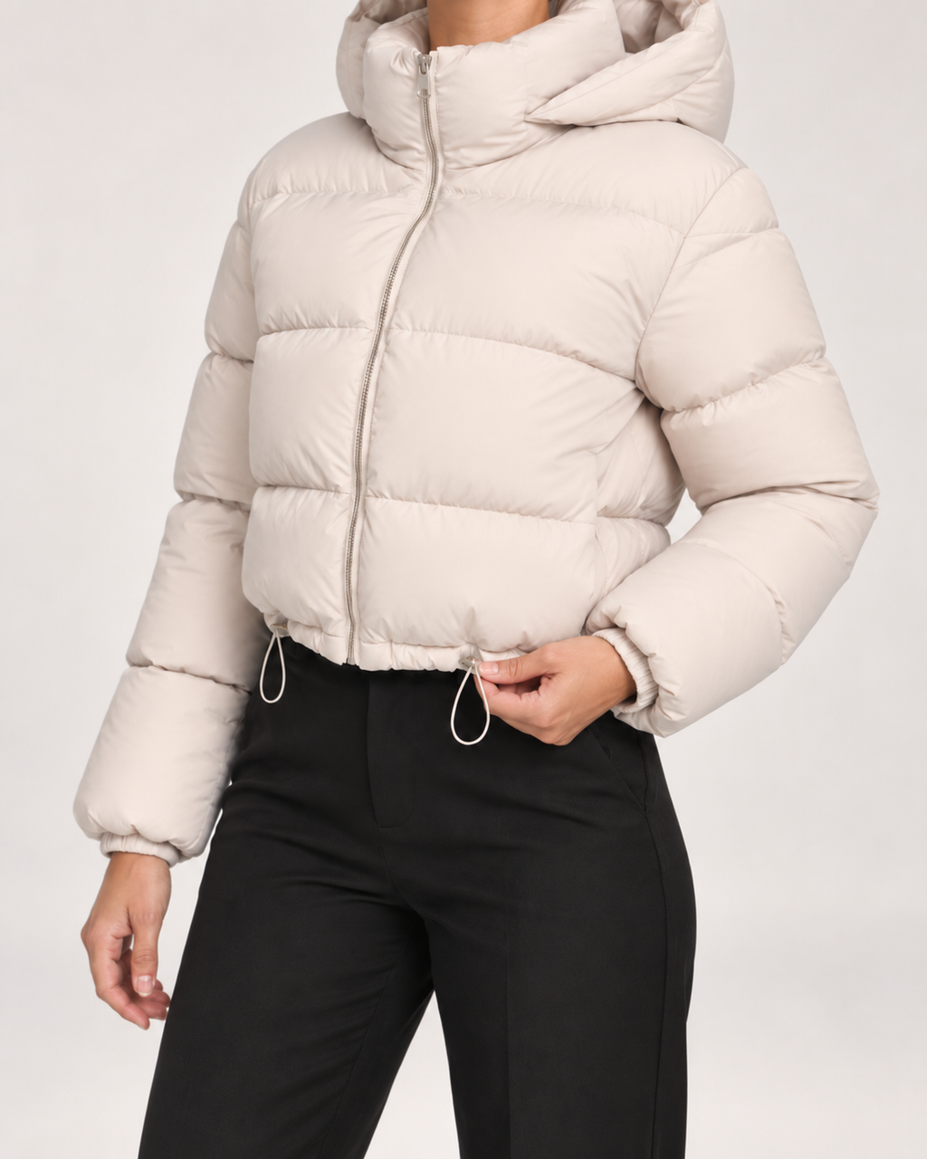 Women’s Puffer Jacket with Hood and Adjustable Hem in Beige, short outerwear product focus view
