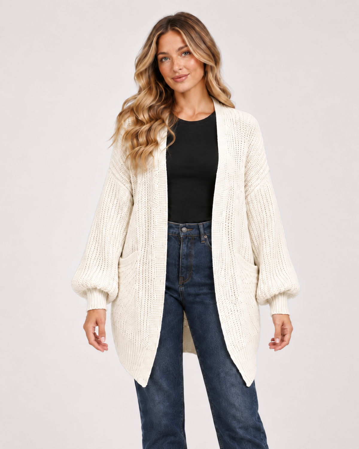 Women’s Balloon Sleeve Cardigan with Chunky Knit in Beige, upper body product focus view