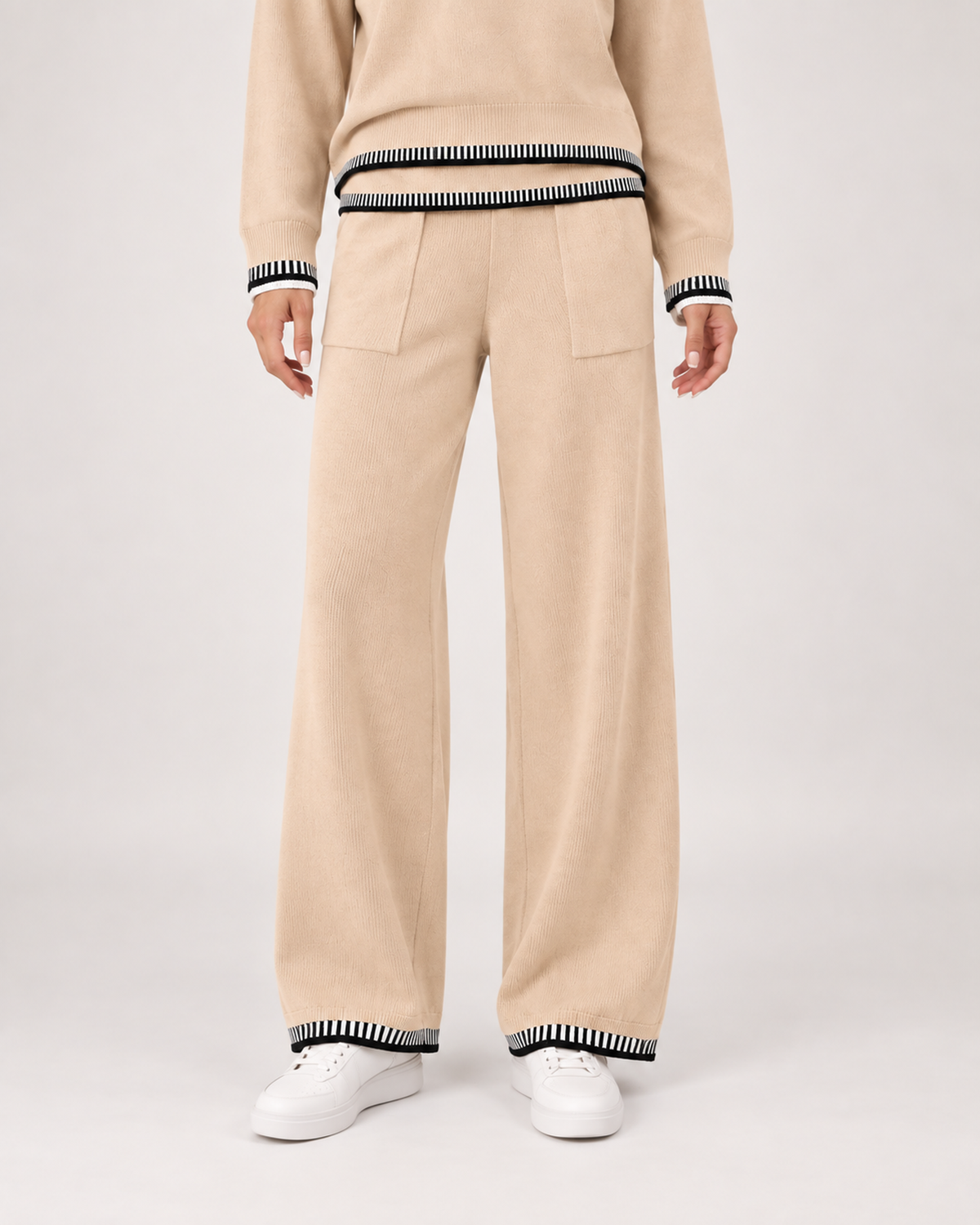 Women’s Co-Ord Set with Jumper and Wide Leg Trousers in Beige, lower body product focus view