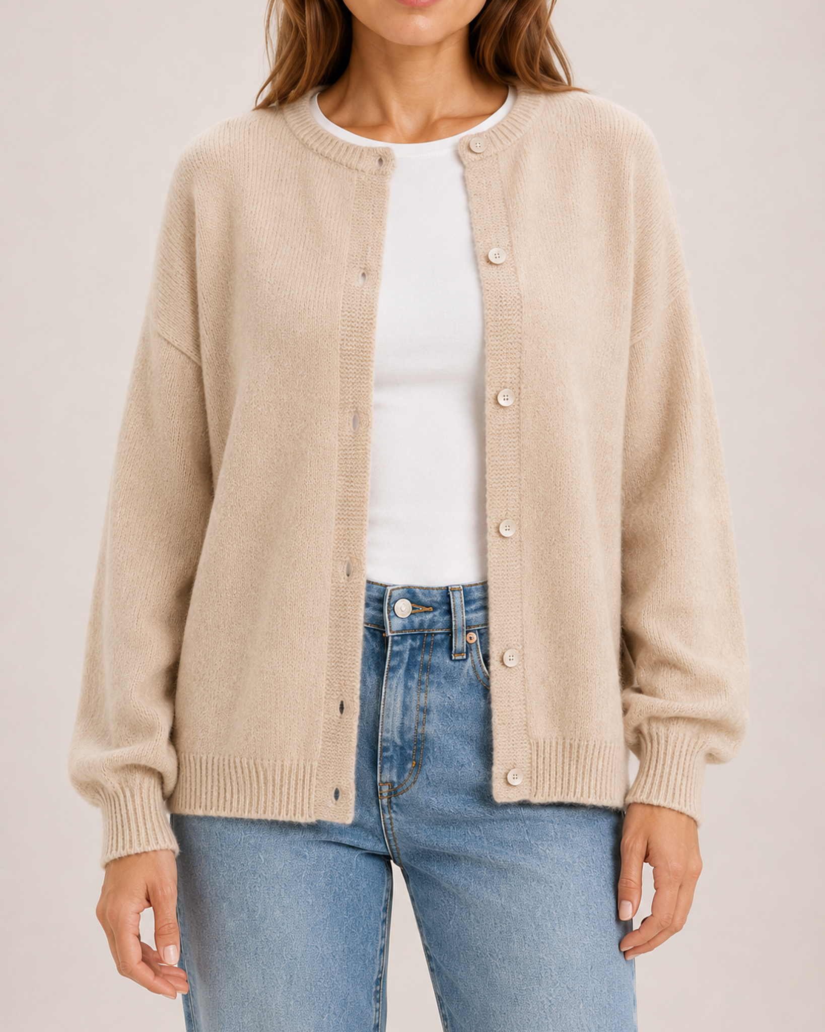 Women’s Balloon Sleeve Cardigan with Buttons in Beige, product detail view