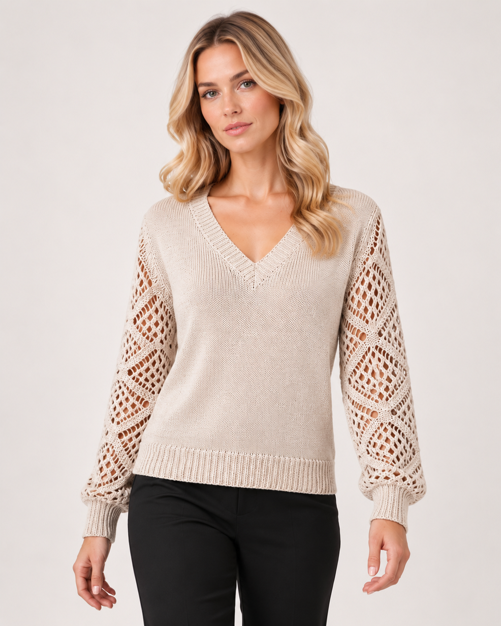 Women’s V Neck Jumper with Openwork Sleeves in Beige, upper body product focus view