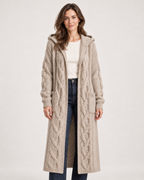 Women’s Long Cardigan with Hood and Cable Detail in Beige, upper body product focus view