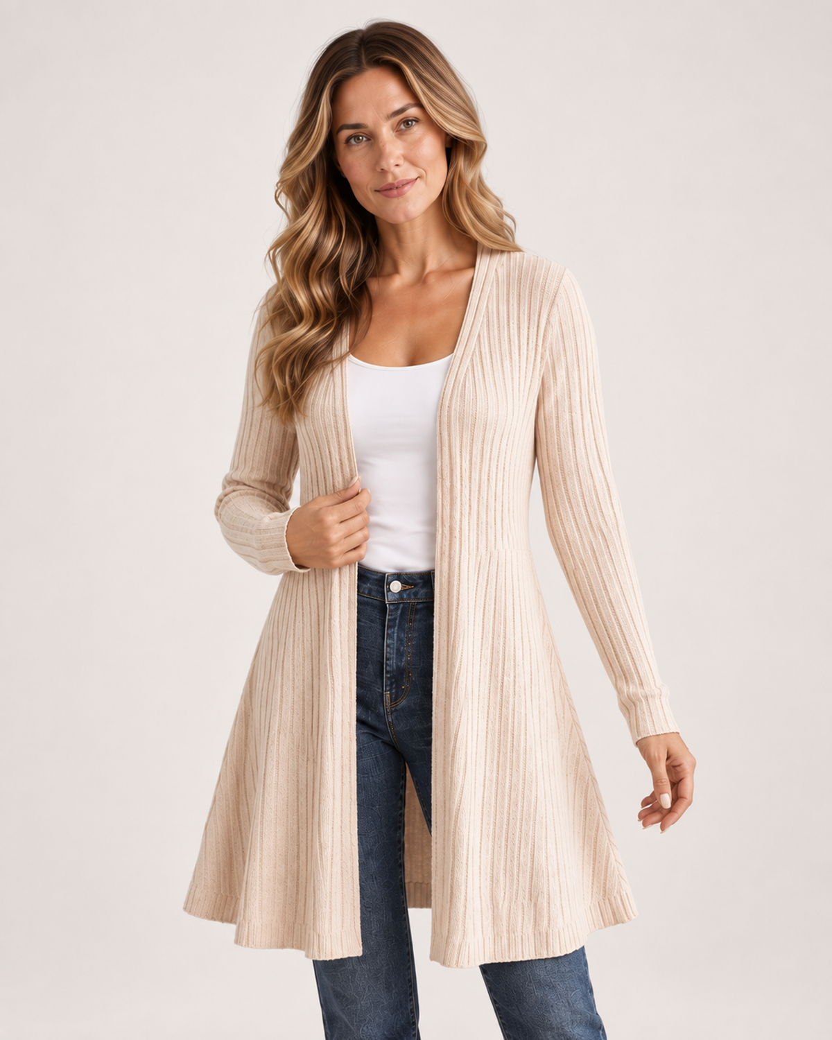 Women’s Longline Cardigan with Open Front in Beige, upper body product focus view