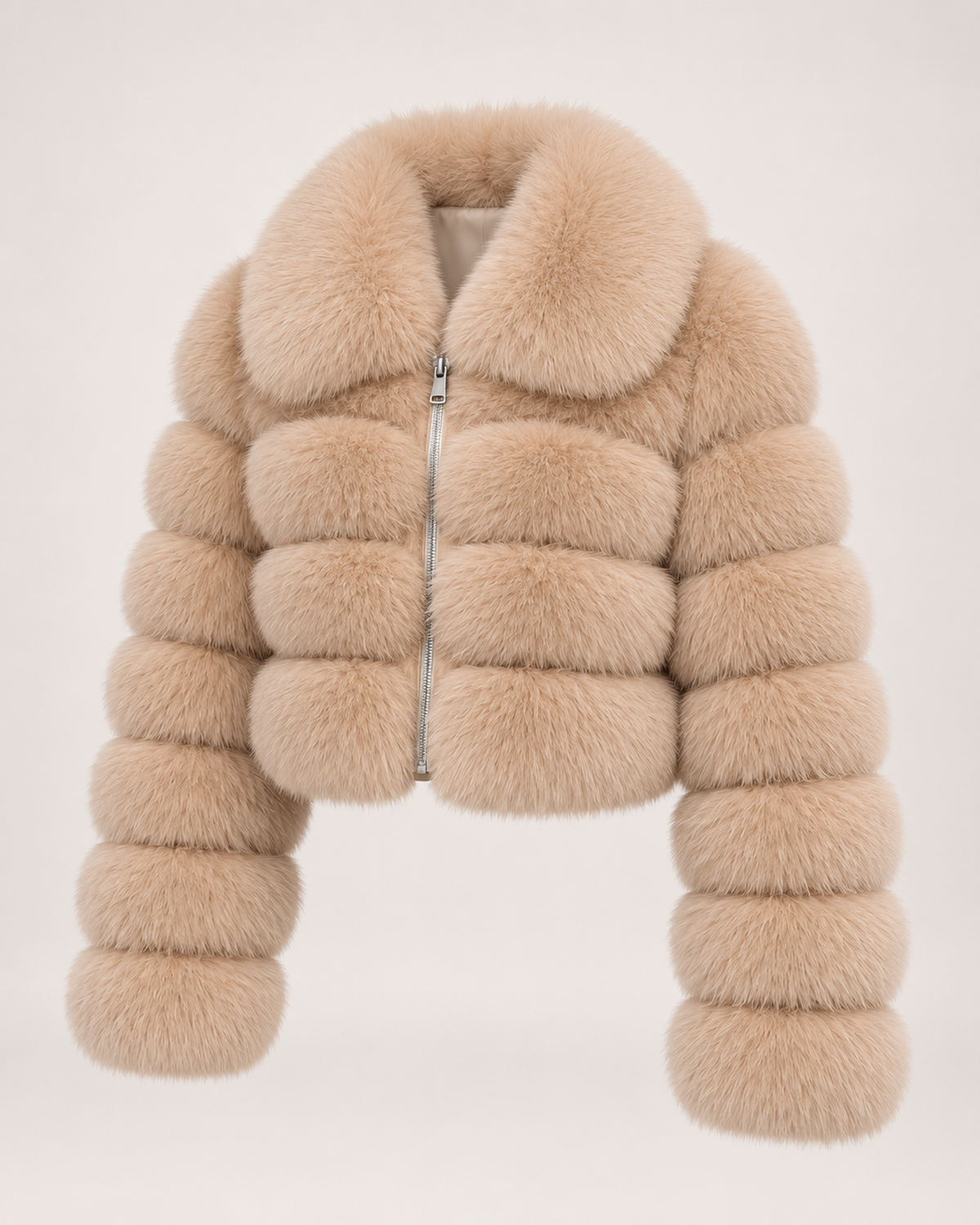 Women’s Faux Fur Jacket with Cropped Shape and Wide Collar in Beige, product only view