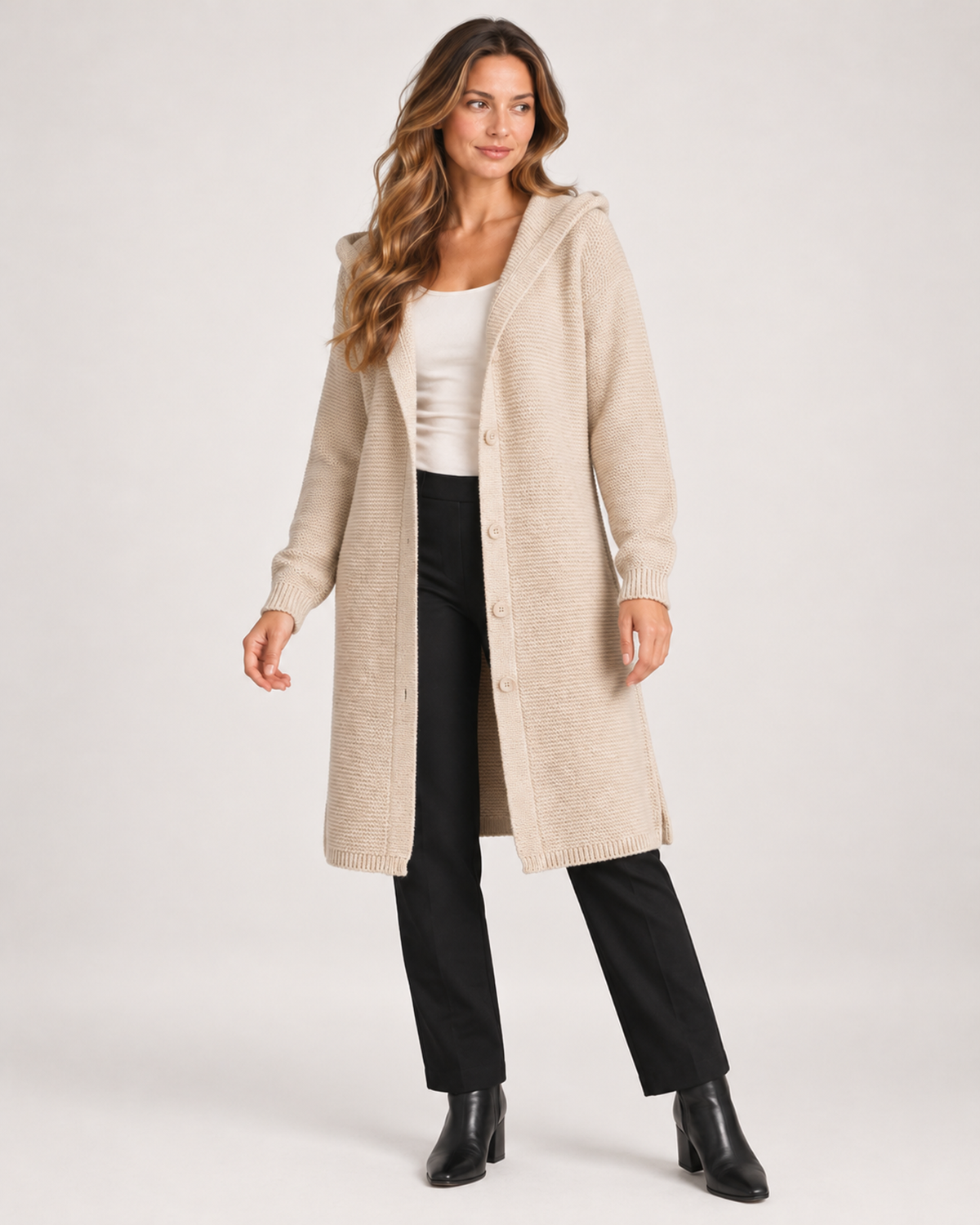 Women's Longline Cardigan with Hood and Button Front beige close variant view