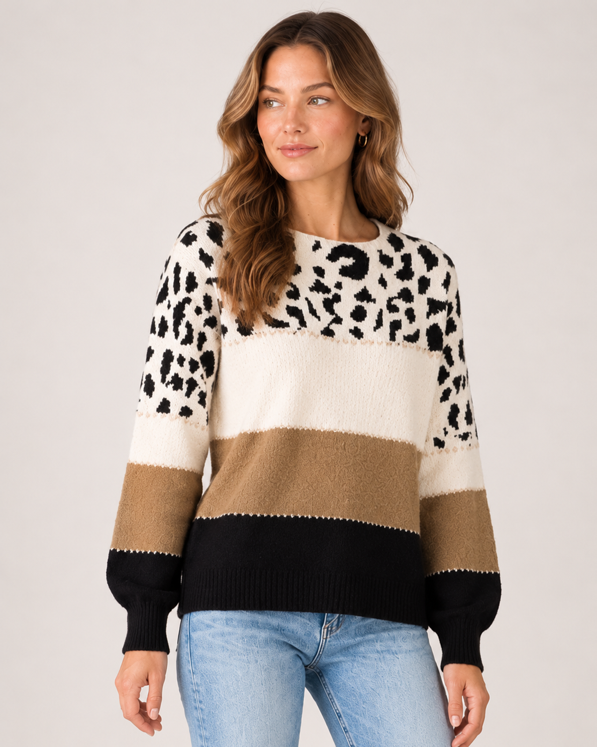 Women's Knitted Jumper Patterned Colour Block Crew Neck Style beige close variant view