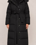 Women’s Long Puffer Coat with Hood and Belt in Black, product detail view