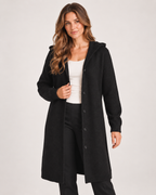 Women’s Longline Cardigan with Hood and Button Front in Black, upper body product focus view