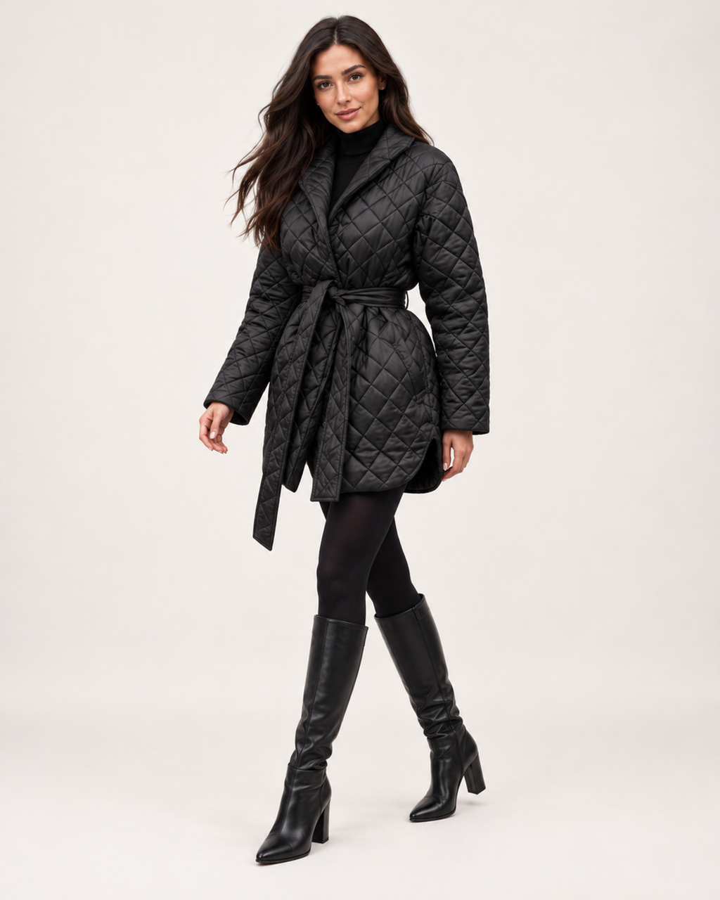 Women’s Quilted Coat with Belt and Lapel Collar in Black, short outerwear product focus view