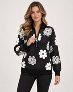 Women’s Half-Zip Jumper with Floral Pattern in Black, upper body product focus view